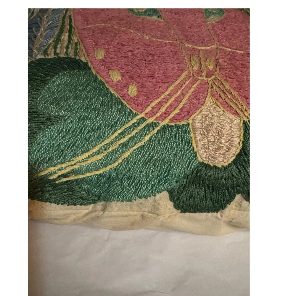 Vintage Crewel Embroidered Cat Pillow Textured Fiber Art Cushion